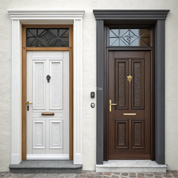 Входная в загородный дом белая дверь в цвете со стеклом