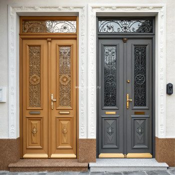 Входная стальная дверь в частный дом светло-коричневая со стеклом